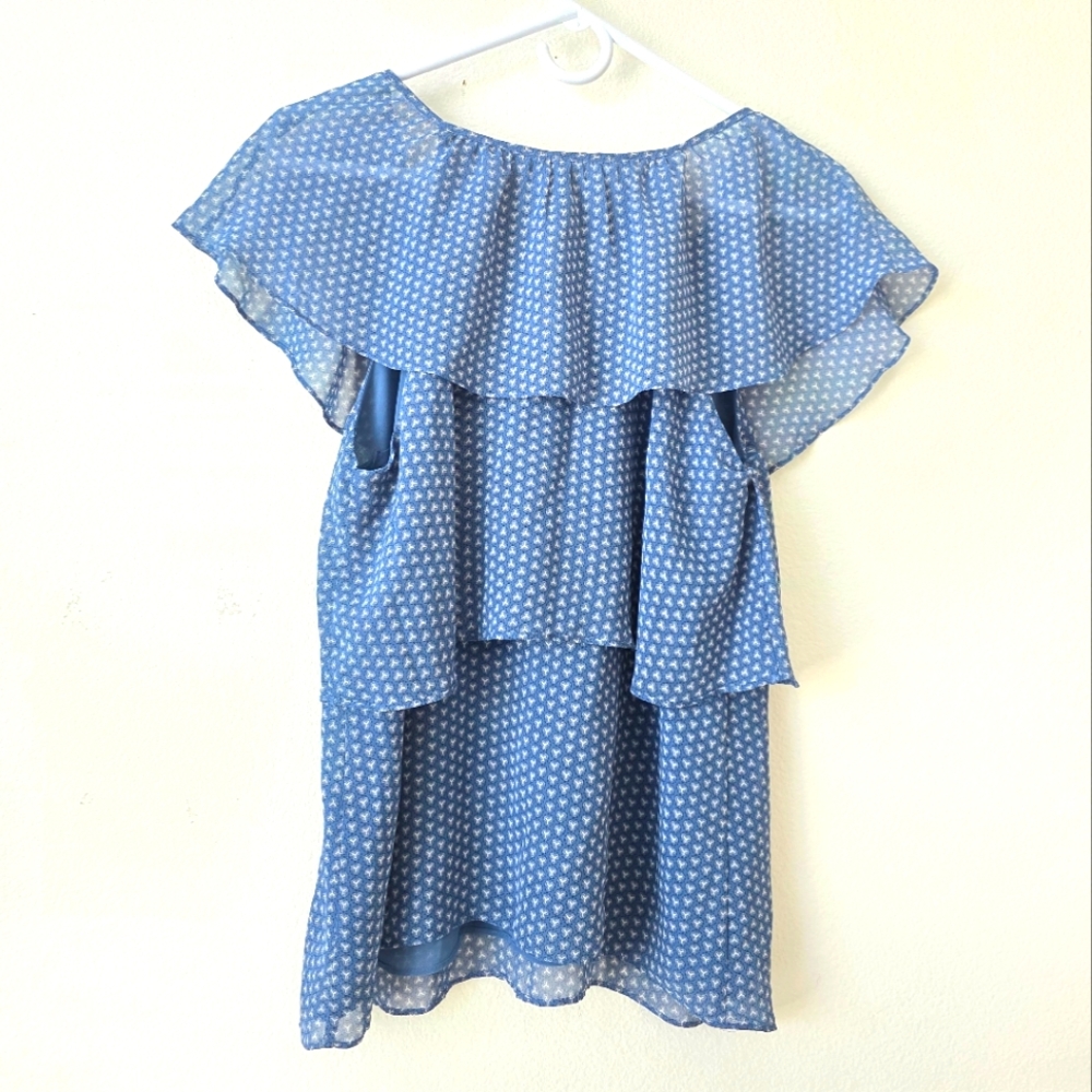Max Studio Ruffle Patterned Blue Top - Picture 3 of 5